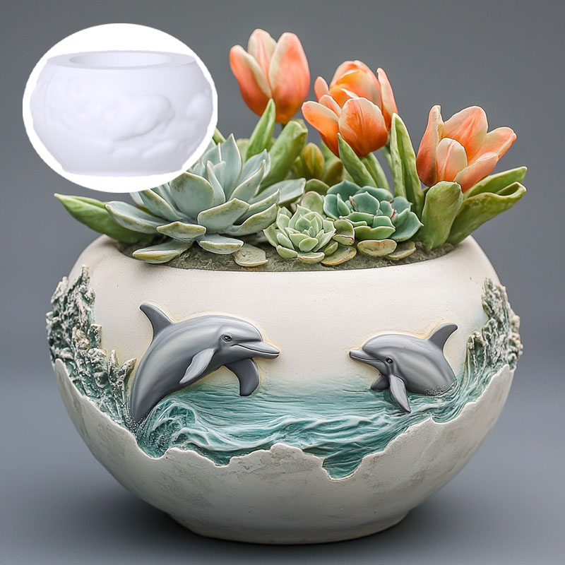 Resin Ocean Wave Mold - Paar dolfijn reliëf vetplant bloempot hars